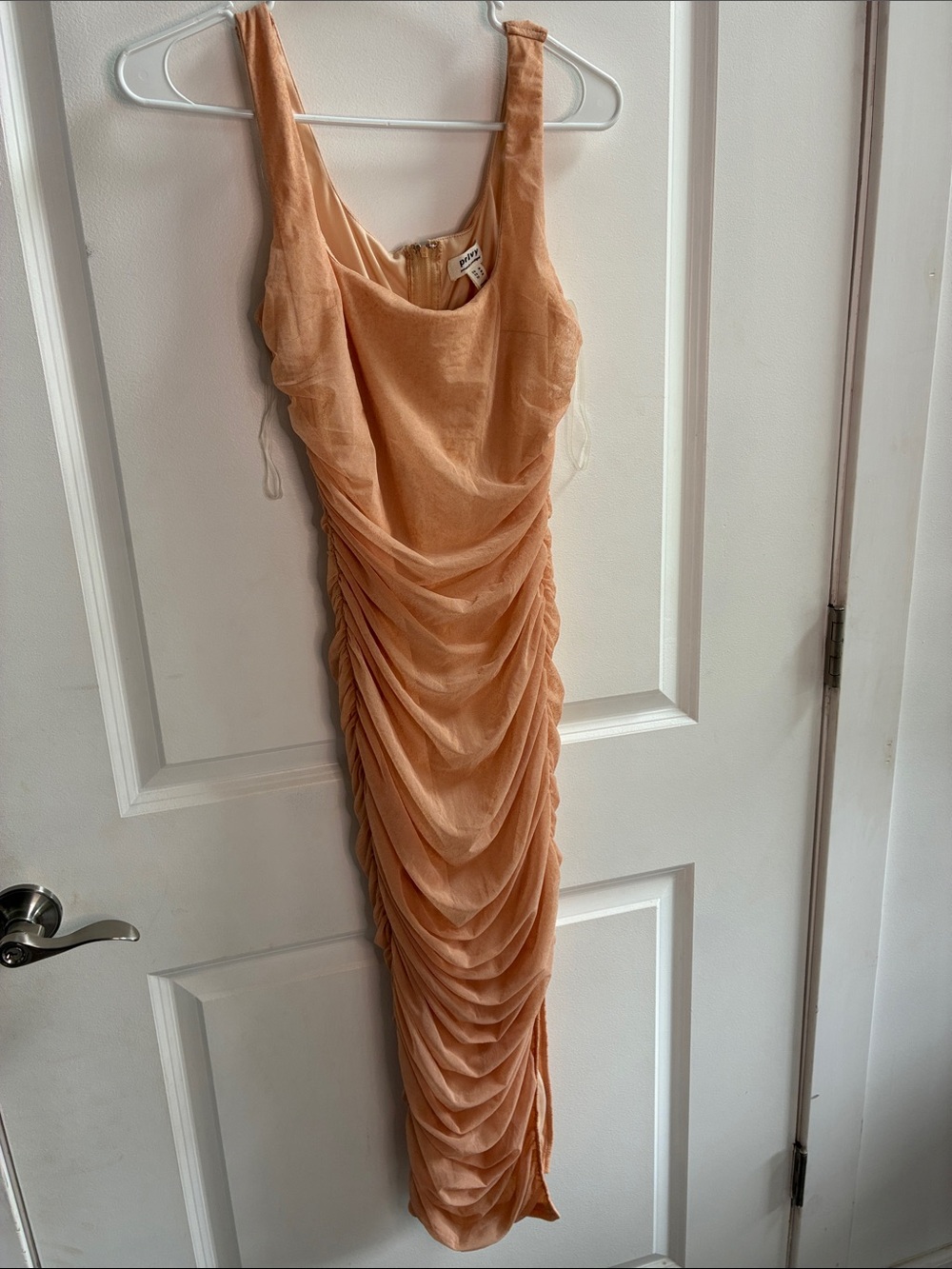 privy Peach Ruched Sleeveless Midi Dress